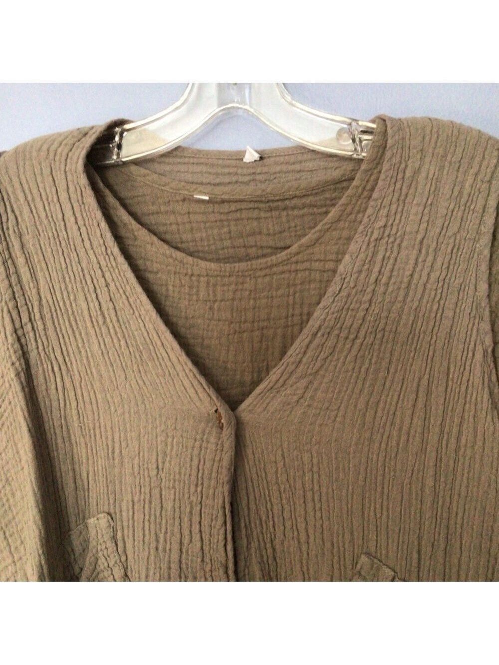 Lagenlook Gauze Cotton 2-Piece Beige Asymmetrical Top & Vest Set Sz S/M - Picture 5 of 9